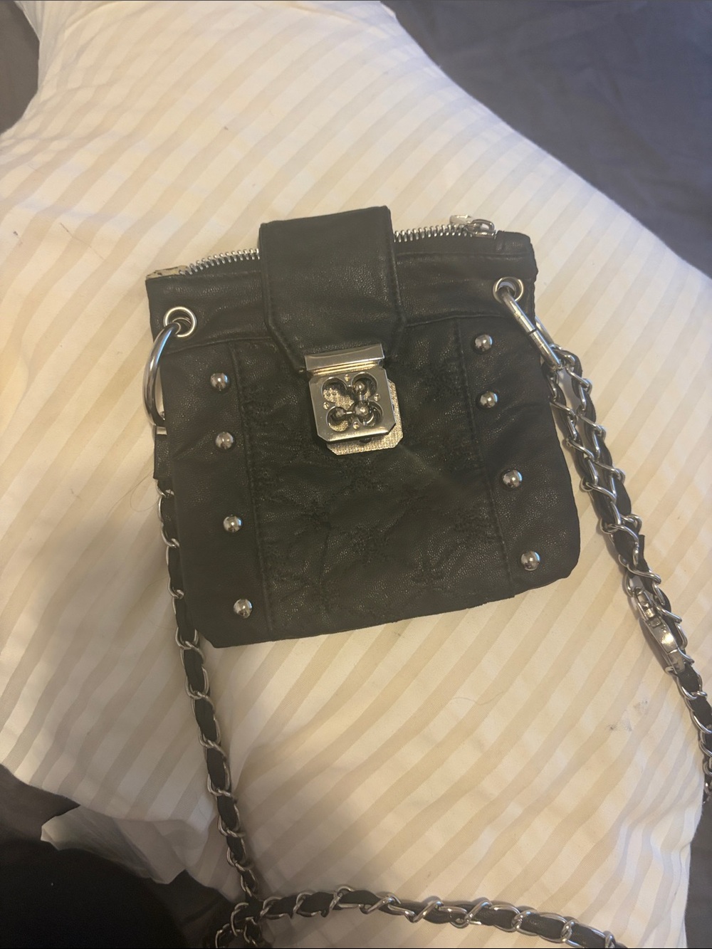 Leather Black Quilted Crossbody Bag with Studs and Chain Strap